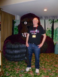 Festival organizer Mike Towry with his pal Kong in the Ackerman Cafe.